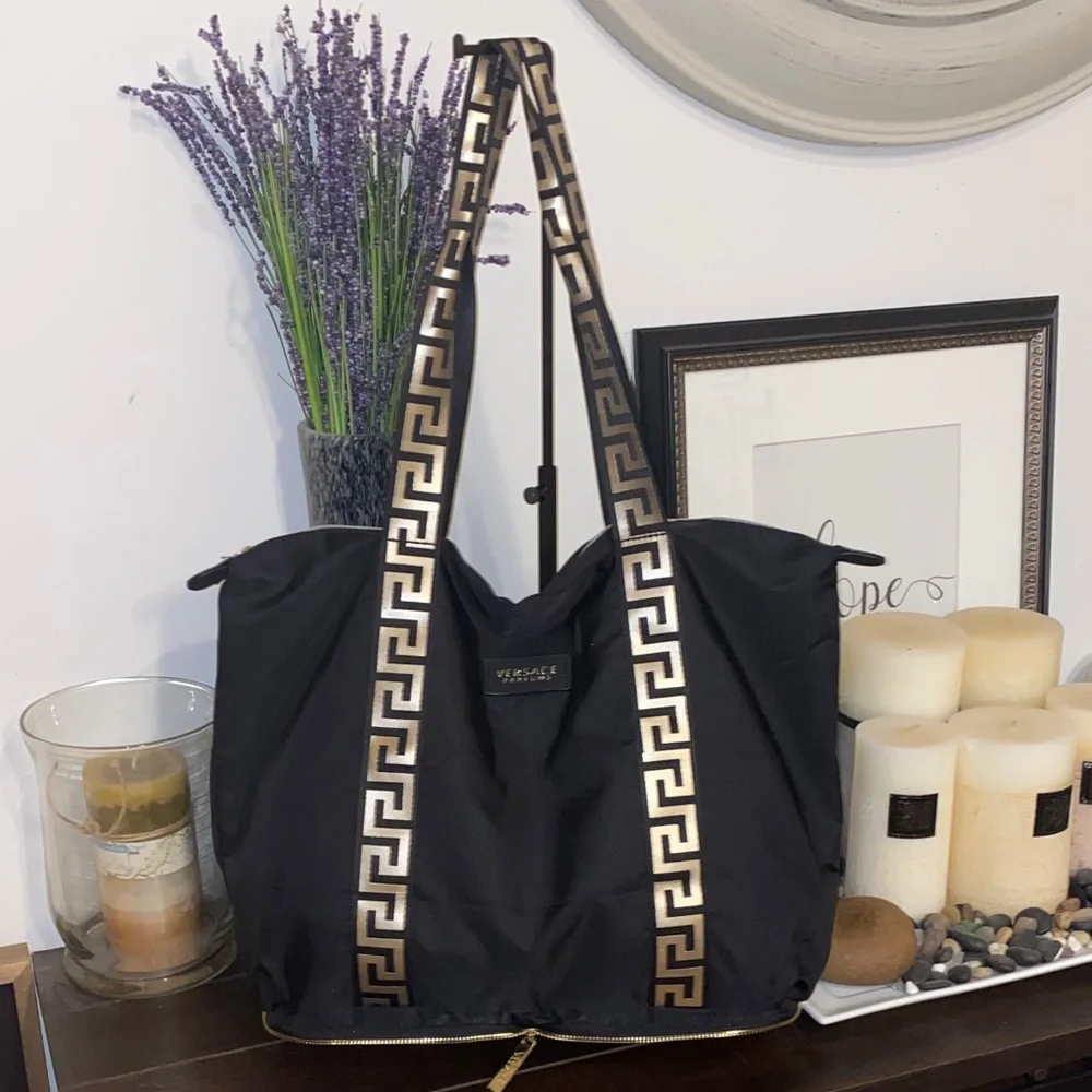 New! Versace Large Black Foldable Weekend Tote with Gold Accents - Picture 4 of 16